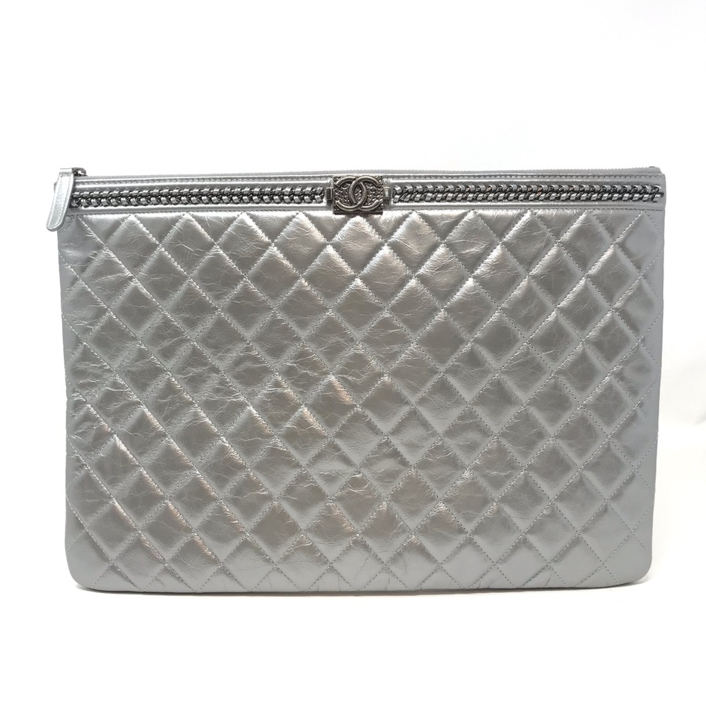 Authentic Chanel Large Silver Clutch Pouch